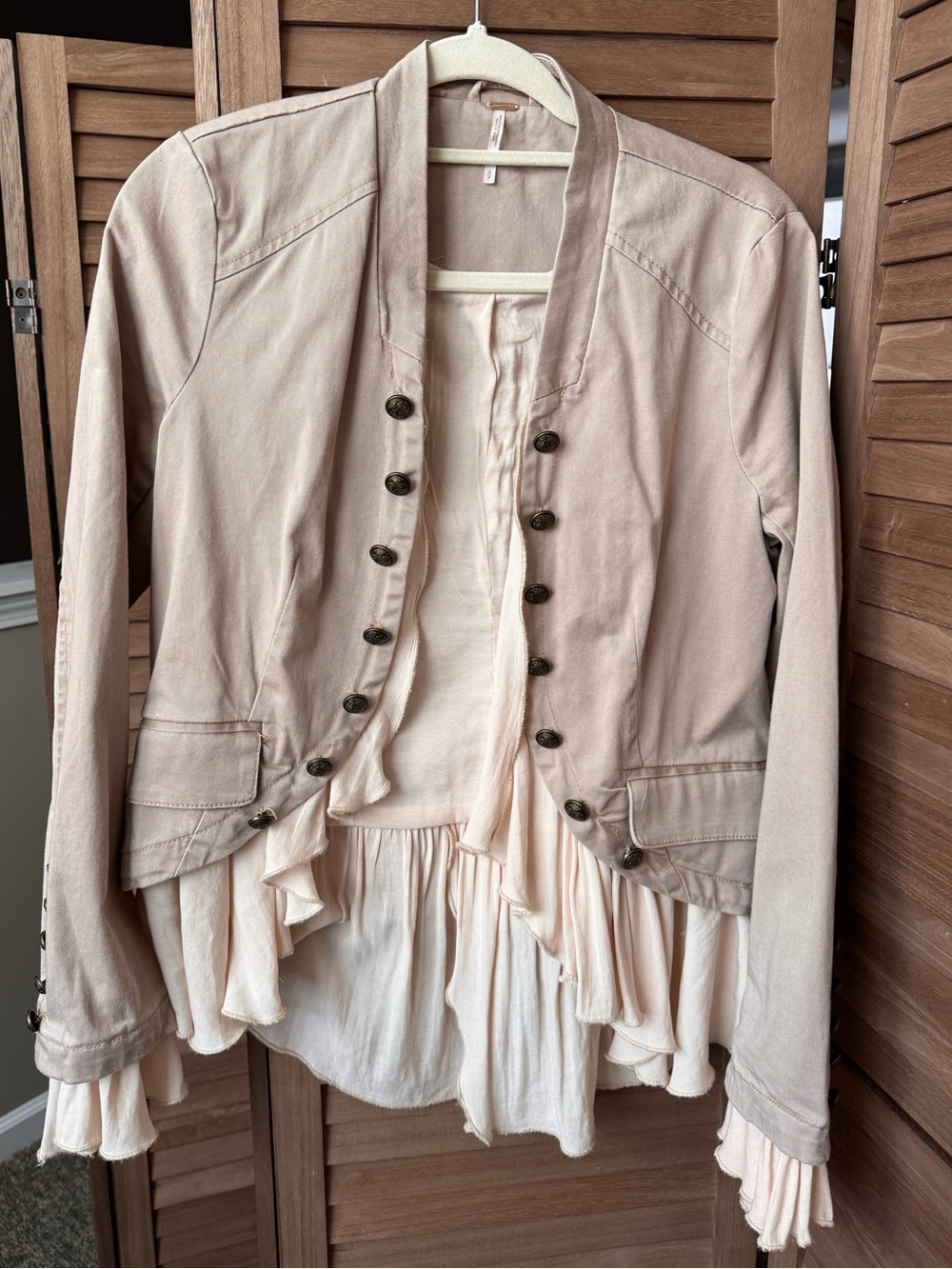 Free People Beige Cropped Military-Inspired Blazer with Ruffle Hem